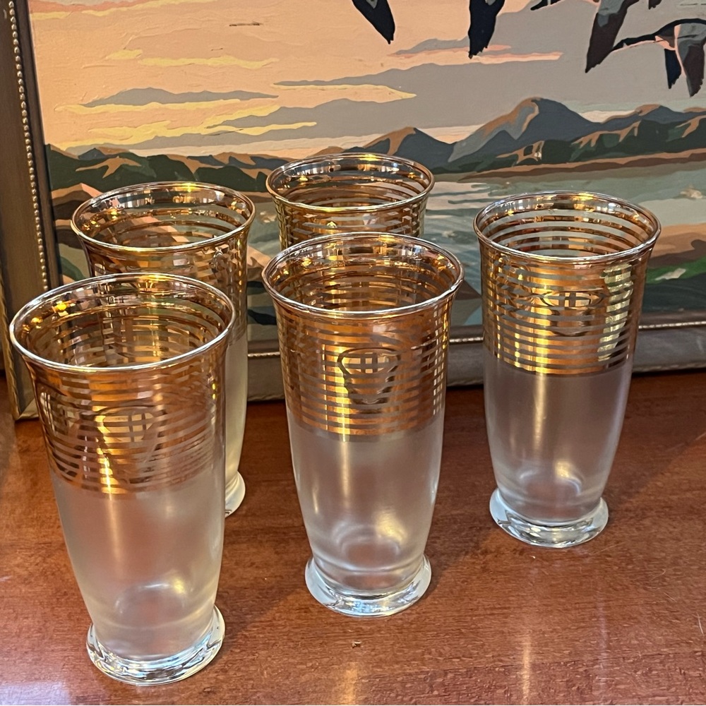 Vintage Ransgil Crystal Gold Striped Glass Tumbler- 4.5” Set of 5